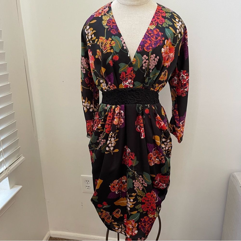 H&M Conscious Floral Satin Dress Size 8 Black Multi Whimsigoth Cocktail kimono - Picture 2 of 16